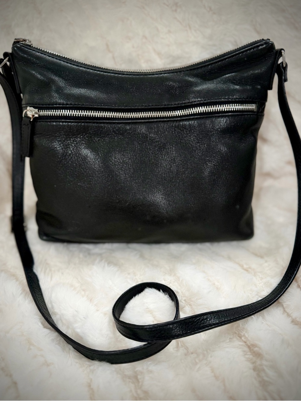 margot New York Black Leather Crossbody Bag with Front Zip in perfect condition